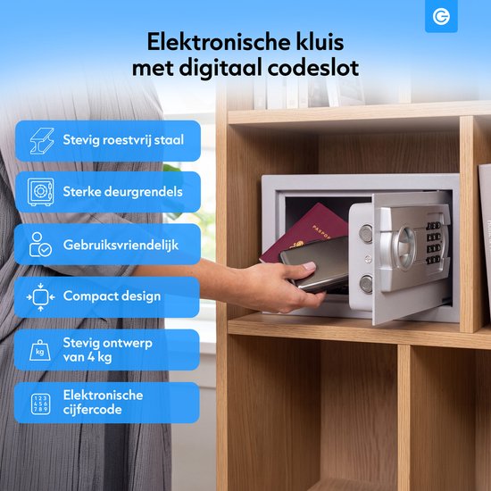Grijze kluis met digitaal codeslot, geopend, met paspoort en telefoon erin. Stevig, roestvrij staal, sterke deurgrendels, compact, 4kg, elektronische cijfercode.