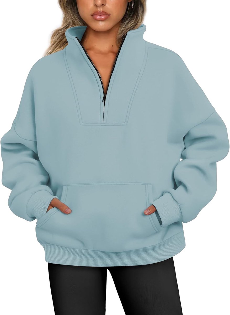Damestrui met halve rits, met fleece gevoerd, herfst, ritssluiting, opstaande kraag, oversized sweatshirt zonder capuchon
