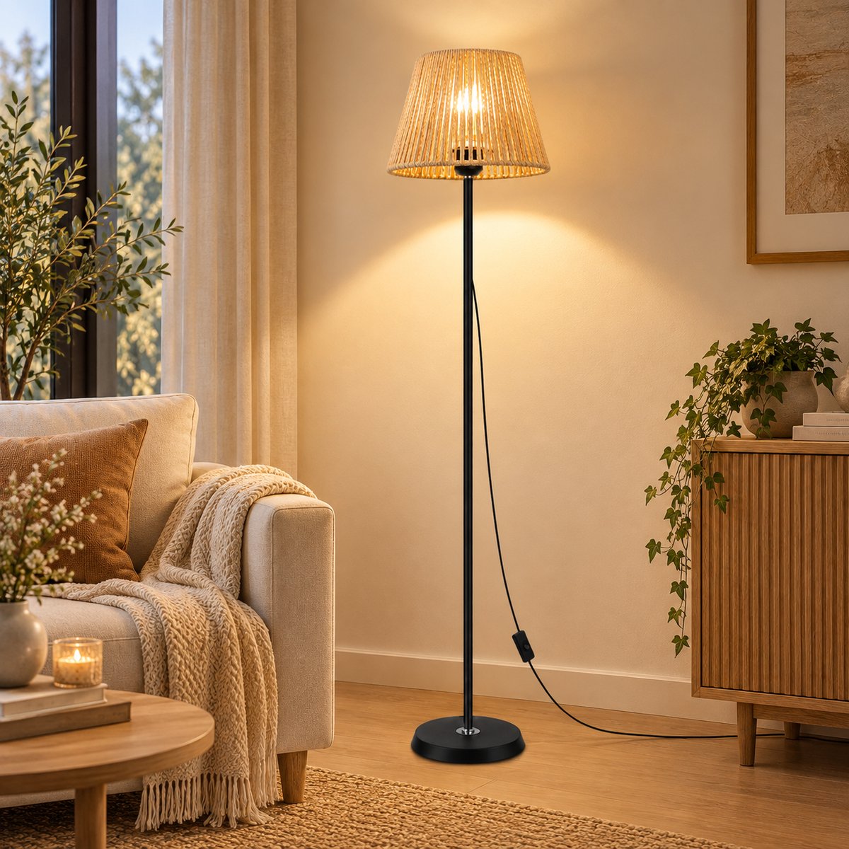 LOVHAUS Rotan Vloerlamp 140 cm – Gevlochten Kap met Voetschakelaar – Zonder Lichtbron