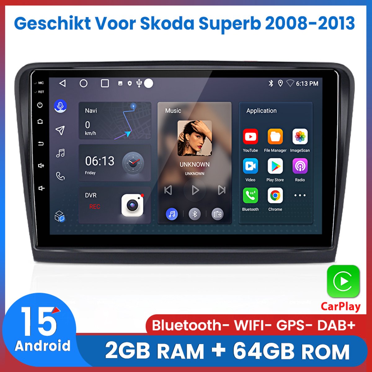 Awesafe Autoradio - Geschikt Voor Skoda Superb 2008 t/m 2013 - 2+64GB 4 Core - 10.1 inch Android 15.0 CarPlay Autoradio - Draadloos CarPlay & Android Auto - Bluetooth & WiFi - GPS Navigatie - 2008 2009 2010 2011 2012 2013