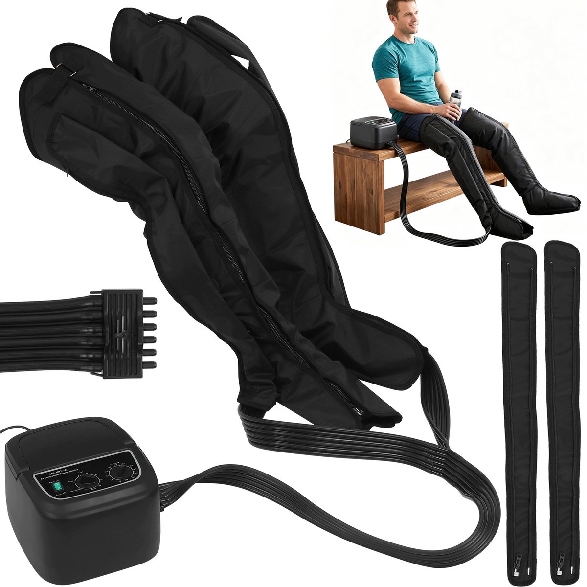 Professionele Luchtdruk Beenmassager – 6 Luchtkamers, 6 Massagemodi, 30-260 mmHg – Herstel & Ontspanning voor Sporters, Revalidatie & Dagelijks Gebruik Zwart
