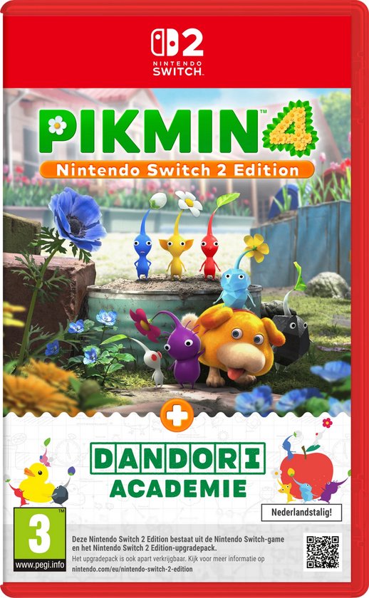 Nintendo Switch gamecover voor Pikmin 4, met de Dandori Academy. Kleine wezentjes staan voor een gele hond en rode en blauwe bloemen.