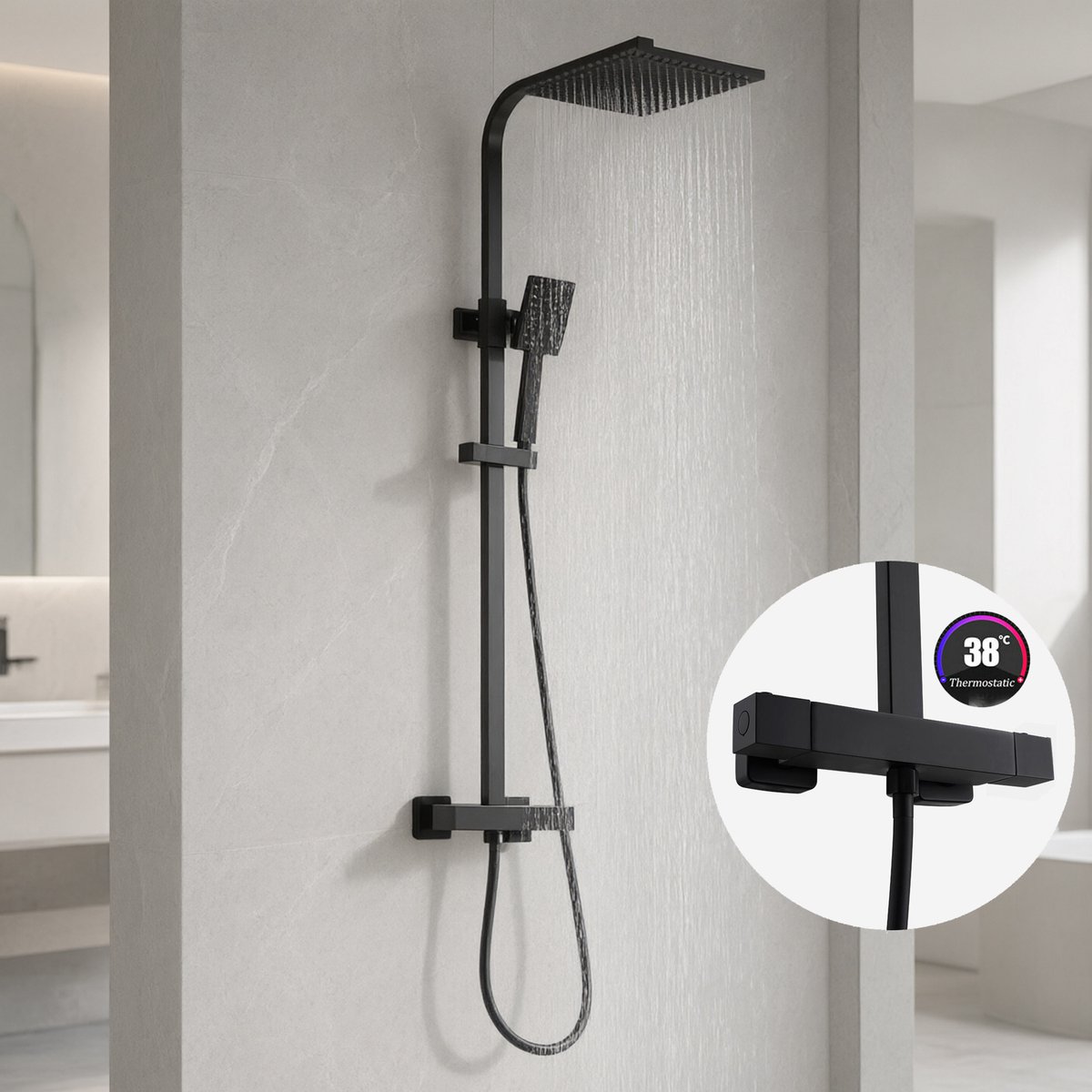 Auralum max Regendouche met Thermostaatkraan - 10 inch Douchekop - Doucheset - Regendoucheset - Douchekolom met Thermostatische Mengkraan - Hoofddouche en Handdouche - Waterbesparend - Zwart