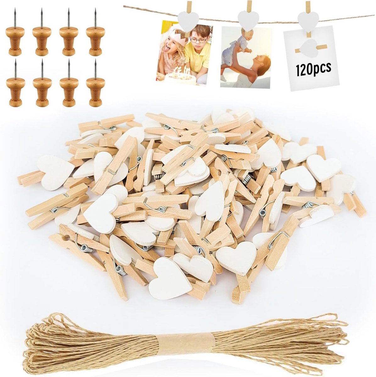 120 Mini Kledingknijpers in Hartvorm - Houten Knijpers voor Foto's, DIY Decoratie en Bruiloften met 10M Jute Touw voor Muur Displays en Feestjes