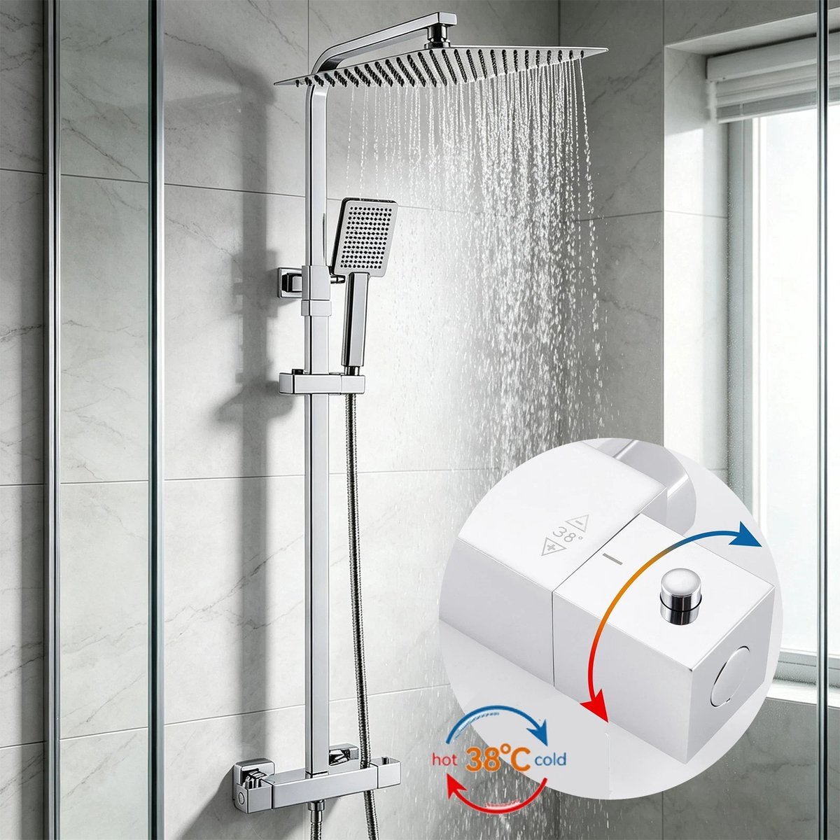 Auralum max Regendouche met Thermostaatkraan - Regendouche en Handdouche - 12 inch Douchekop - Verstelbare Hoogte 97-130 cm - Vierkante Design - Doucheset - Chroom