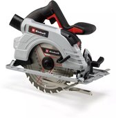 Einhell accusirkelzaag met koolborstelloze motor, lichtgrijs met zwarte en rode accenten. Zaagblad met Einhell logo.