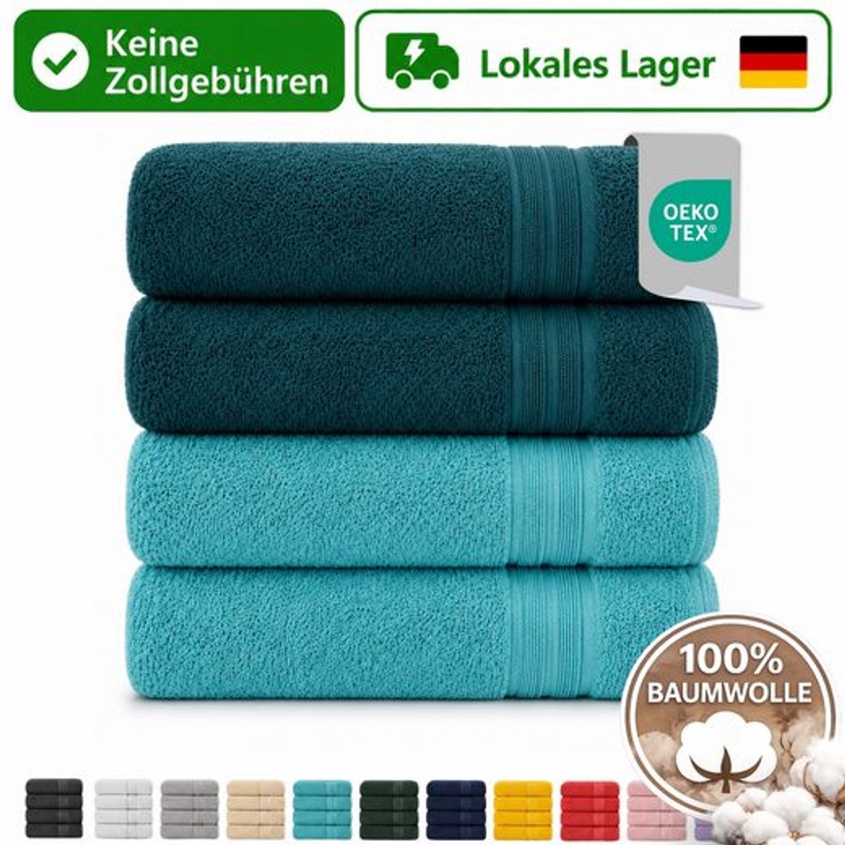 Komfortec Set van 4 Badhanddoek 100x200 cm van 100% Katoen, XXL Saunahanddoek, Grote Douchehanddoek, Zacht & Absorberend, Petroleumblauw&Wit
