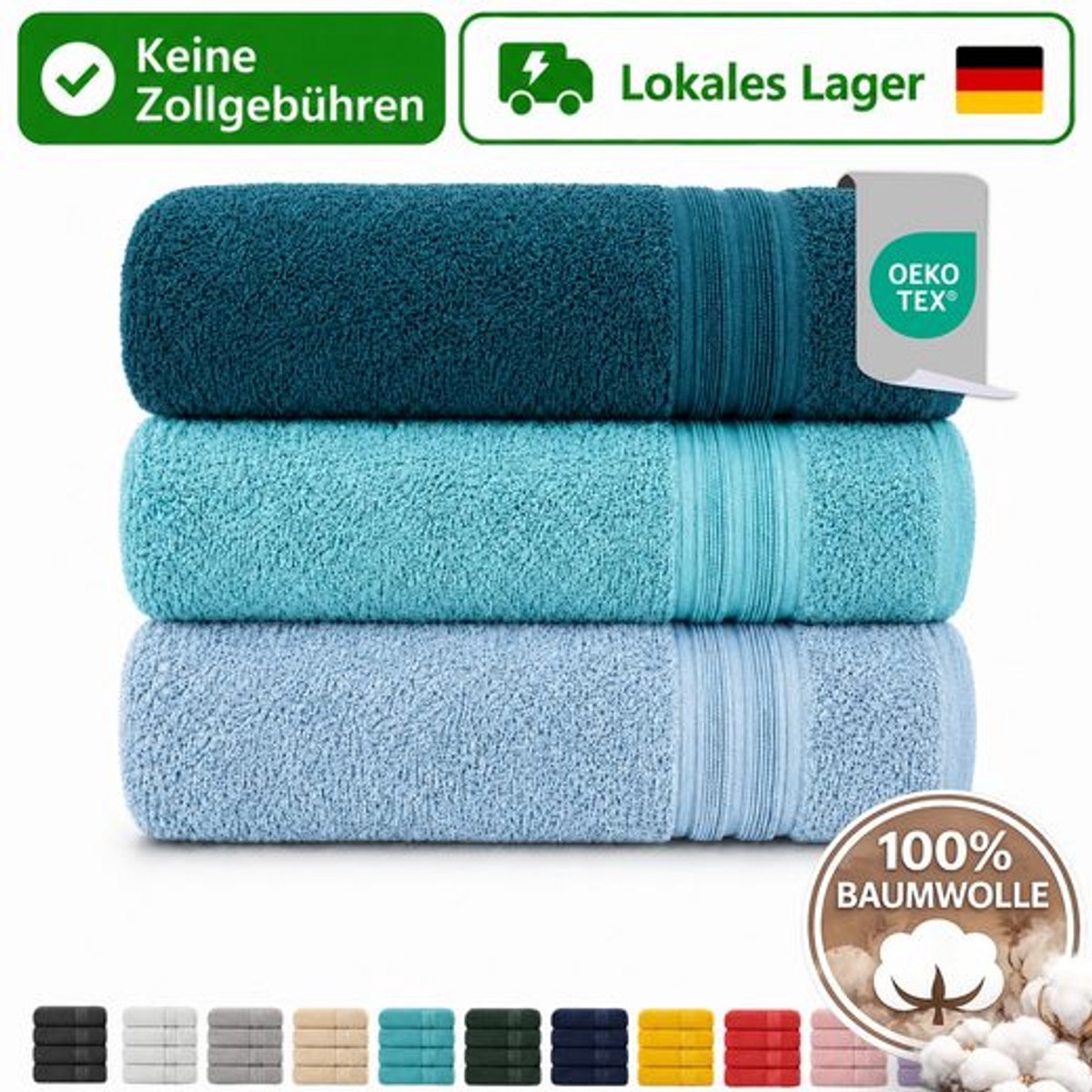 Komfortec Set van 3 Badhanddoek 100x200 cm van 100% Katoen, XXL Saunahanddoek, Grote Douchehanddoek, Zacht & Absorberend, Petroleumblauw&Lichtblauw&Turquoise
