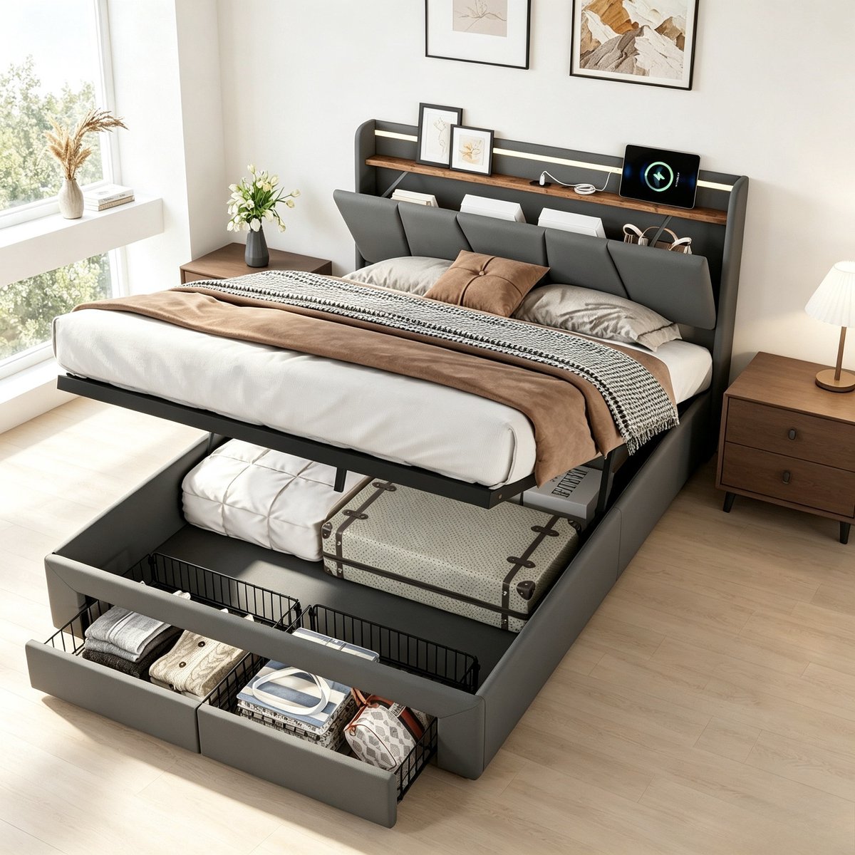 ROSAHQNDA Tweepersoonsbed 140x200 cm, gestoffeerd opbergbed met 2 lades en LED-hoofdbord, lattenbodem, linnen, donkergrijs, zonder matras