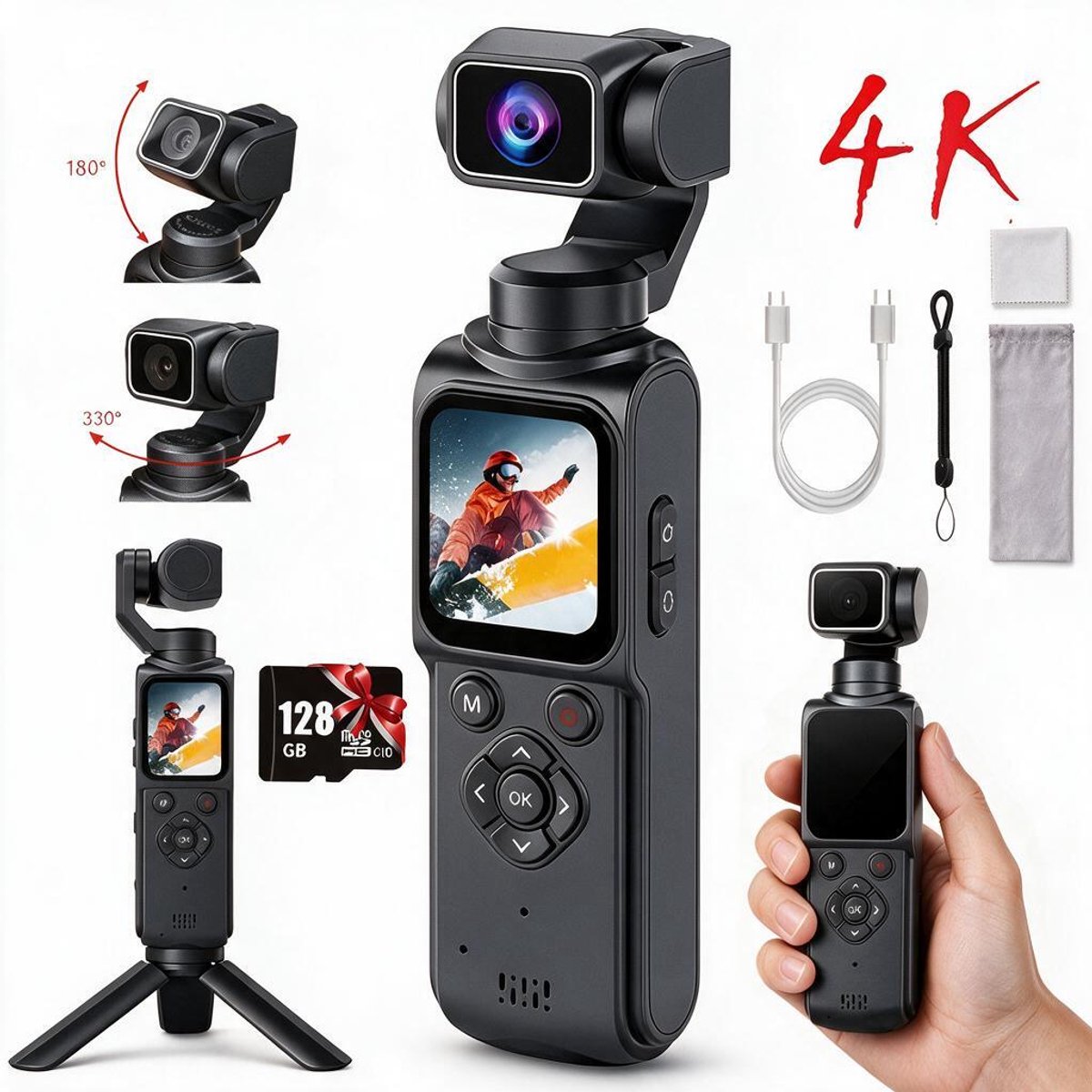 Pocket Camera 4K Ultra HD - Action Camera met 330° Draaibare Lens - Vlogcamera met mini-statief- 64MP 18x Digitale Zoom- Gezichtstracking - WiFi - Touchscreen - 128GB SD-Kaart