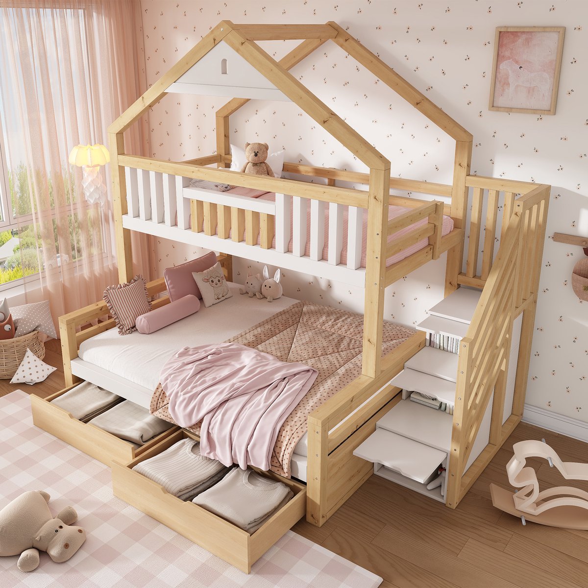 intebiki Kinderstapelbed 90x200 & 140x200cm - houten huisbed met trap, 2 lades, zadeldak, familiebed, EN 747, wit & eiken (exclusief matras)