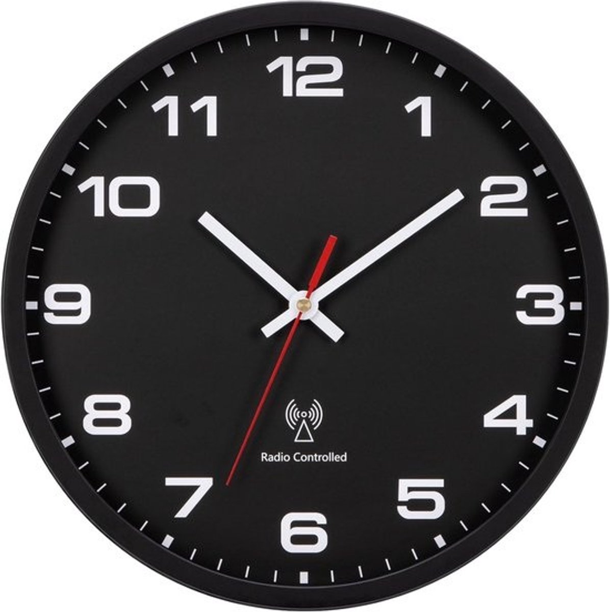 Wandklok Radio - Moderne Klok - Tijd Weergeven - Automatische Tijdsinstelling - 25 cm Diameter - Zwart