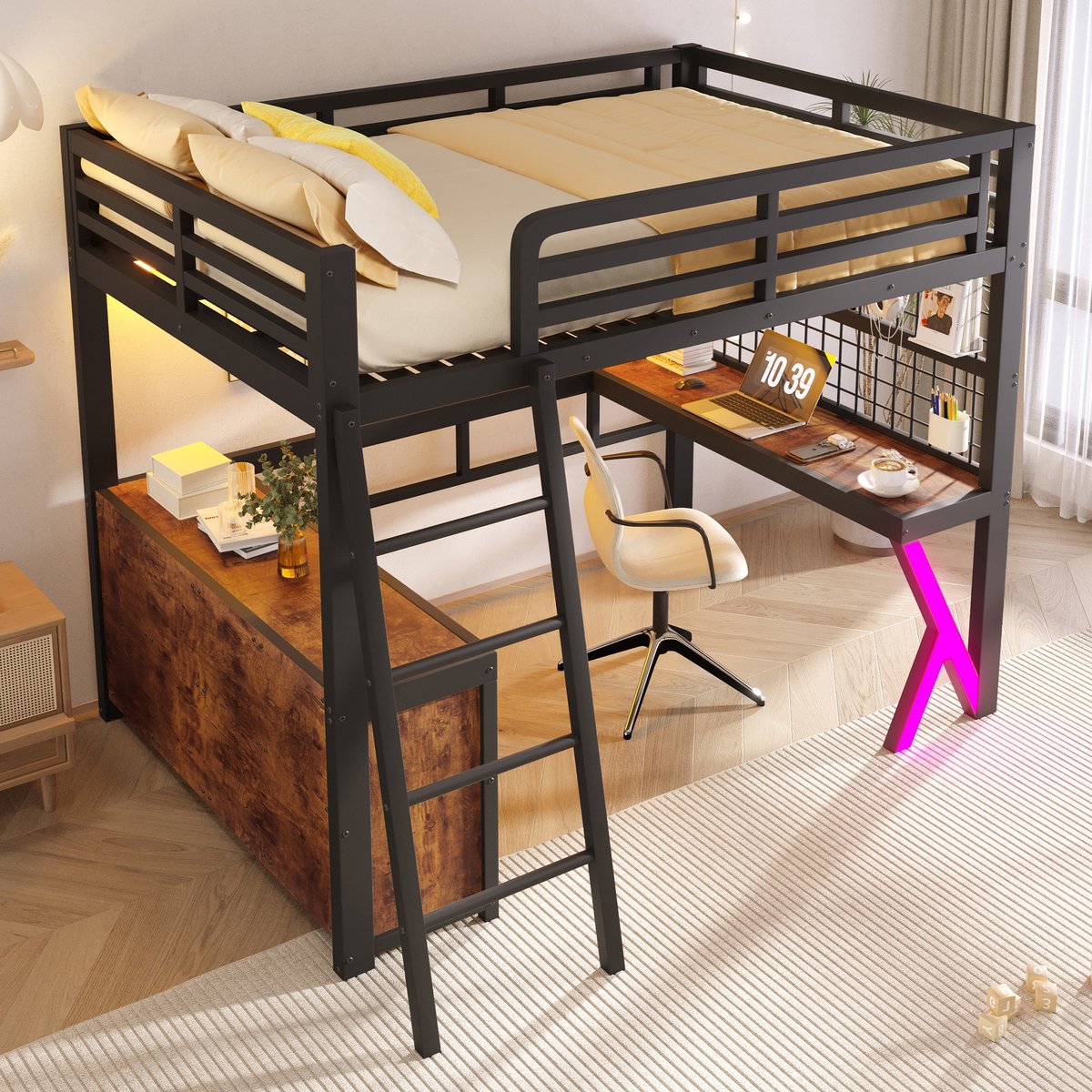Merax Hoogslaper 140 x 200 cm - bureau - LED-verlichting - opbergkast - zonder matras - zwart