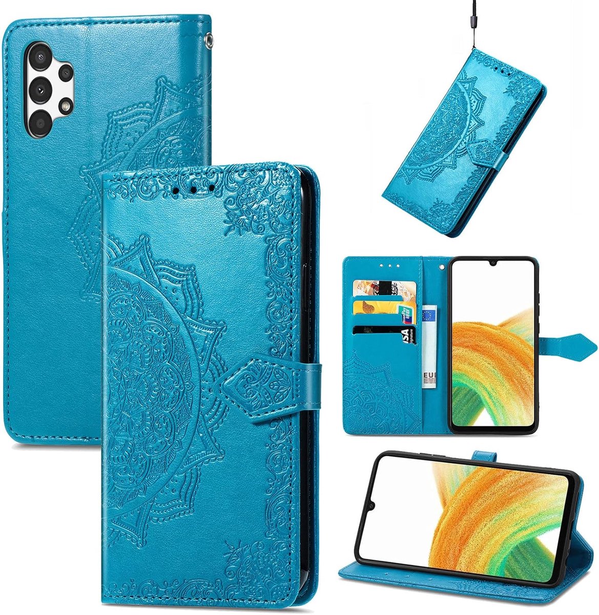 Beschermhoes voor Samsung Galaxy A13 4G, portefeuille, leer, met kaarthouder, Chiusura Magnetica [Mandalapatroon], schokbestendig, voor Galaxy A13 4G, blauw