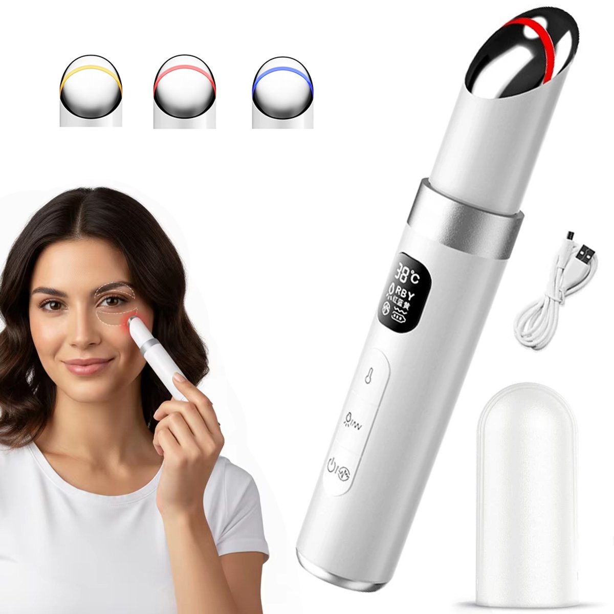Oogmassageapparaat – EMS-vibratie schoonheidsapparaat – LED-lichttherapie – Gezichtsmassageapparaat – Geschikt voor het verminderen van donkere kringen, rimpels en wallen – Vermindert zwelling onder de ogen – Anti-aging – 400 mAh – Wit
