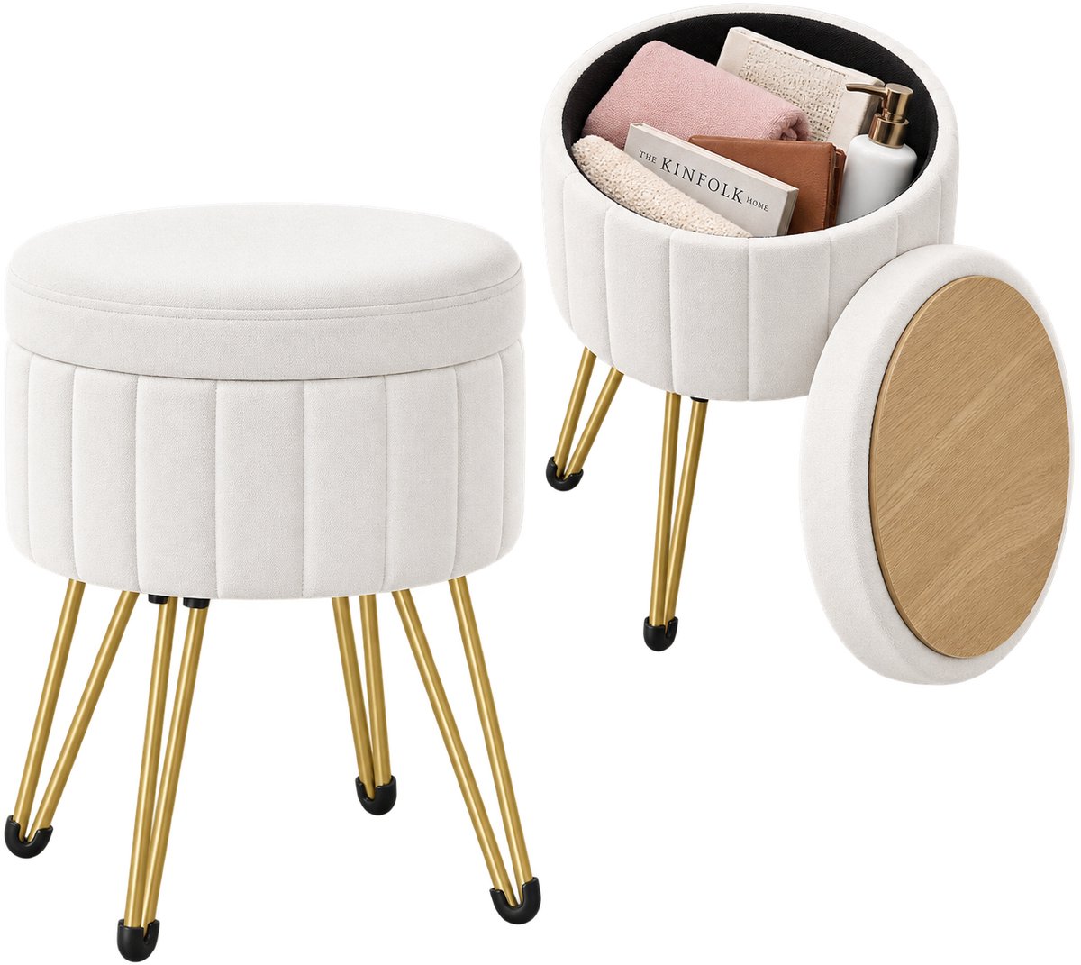 Veya Poef Wit - Kaptafel kruk - Poef met opbergruimte - Kruk voor Make-up kaptafel - Moderne stijl - 39 x 39 x 44,4 cm (lxbxh)