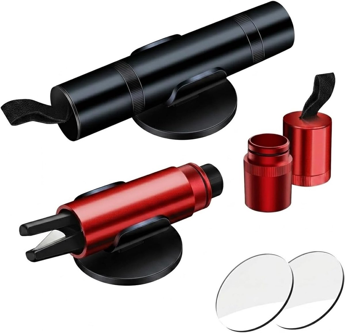 2-in-1 veiligheidshamer voor de auto (set van 2) – inclusief ruitenbreker en gordelsnijder – rood en zwart.