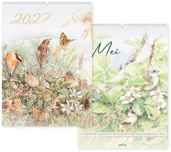 Kalender 2027 met een aquarelillustratie van vogels, vlinders en bloemen. De maand 'Mei' toont kleine witte bloesems en meer vogels.