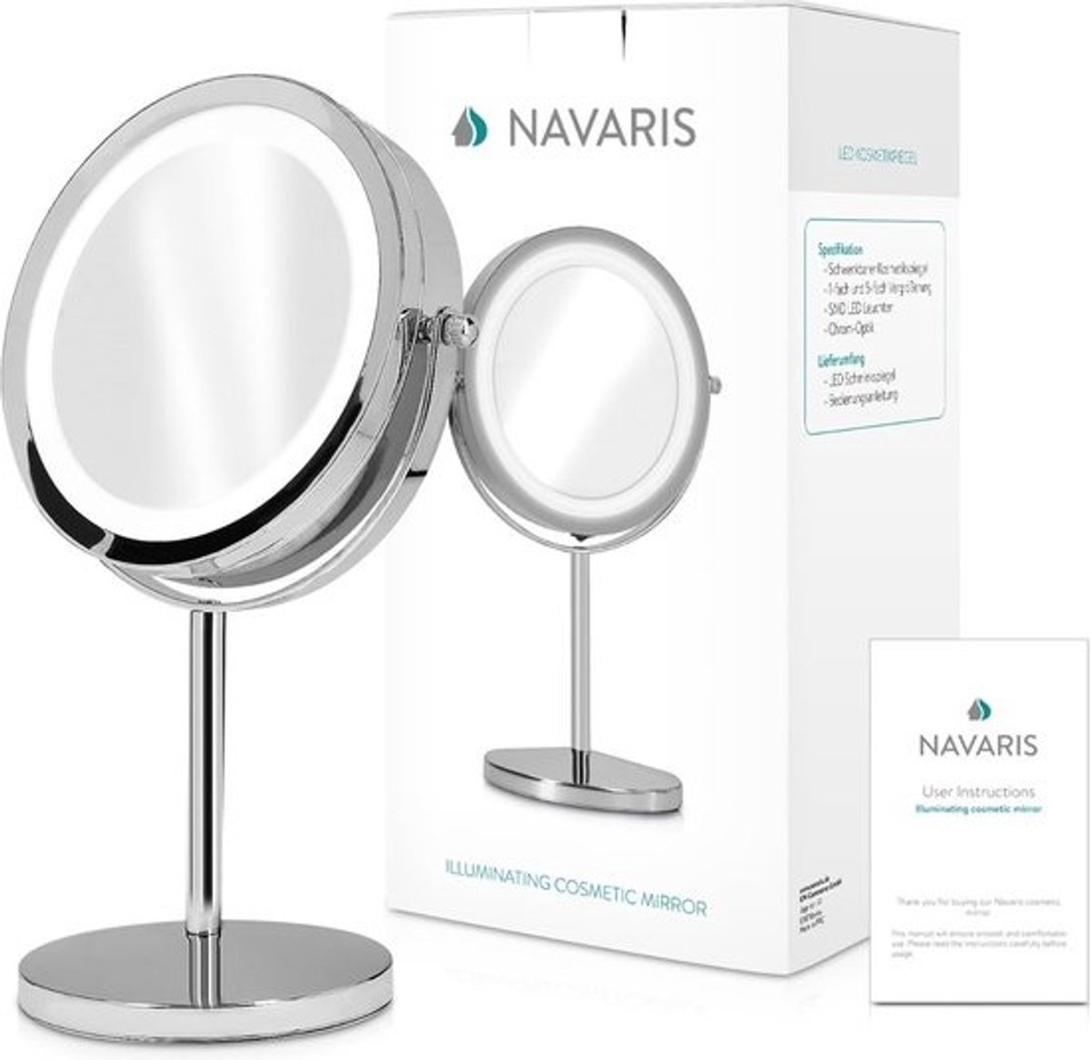 Ronde spiegel met verlichting - Make-up spiegel met LED-verlichting en 5x vergroting - 360° draaibaar - Diameter 17cm - Zilver