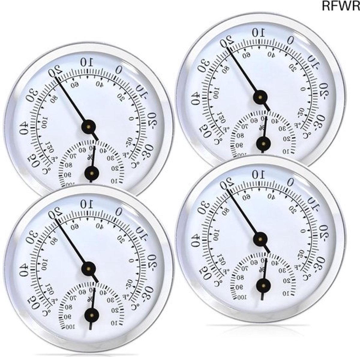 RFWR® Thermo-hygrometer set van 4 stuks, 58 mm precisie, analoge thermometer voor binnengebruik, temperatuur en luchtvochtigheid meter