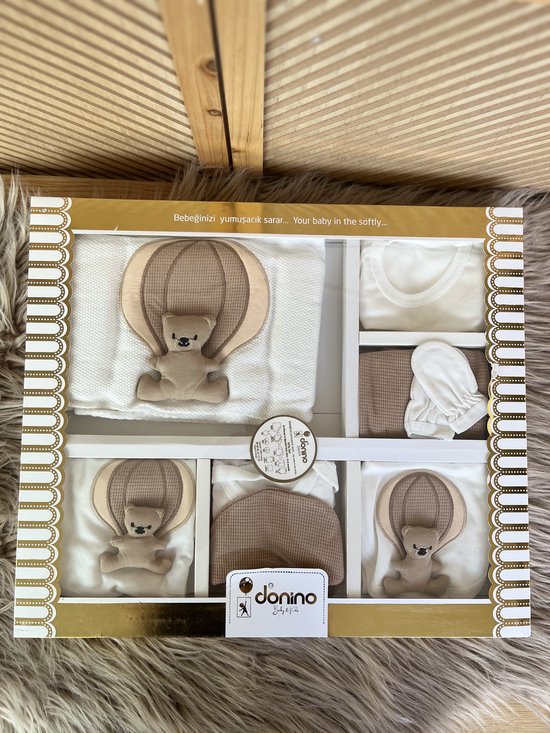 Luxe 10 delige set met deken -geschenkdoos-100% katoen-new born set- babyshower-kraam cadeau - boy girl -bruin beige-beer ballon- 0 tem 4 maanden — afbeelding 3