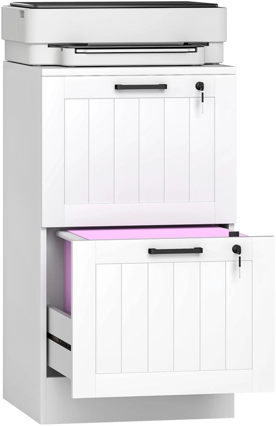 Witte archiefkast met twee deuren en een open lade met roze mappen.