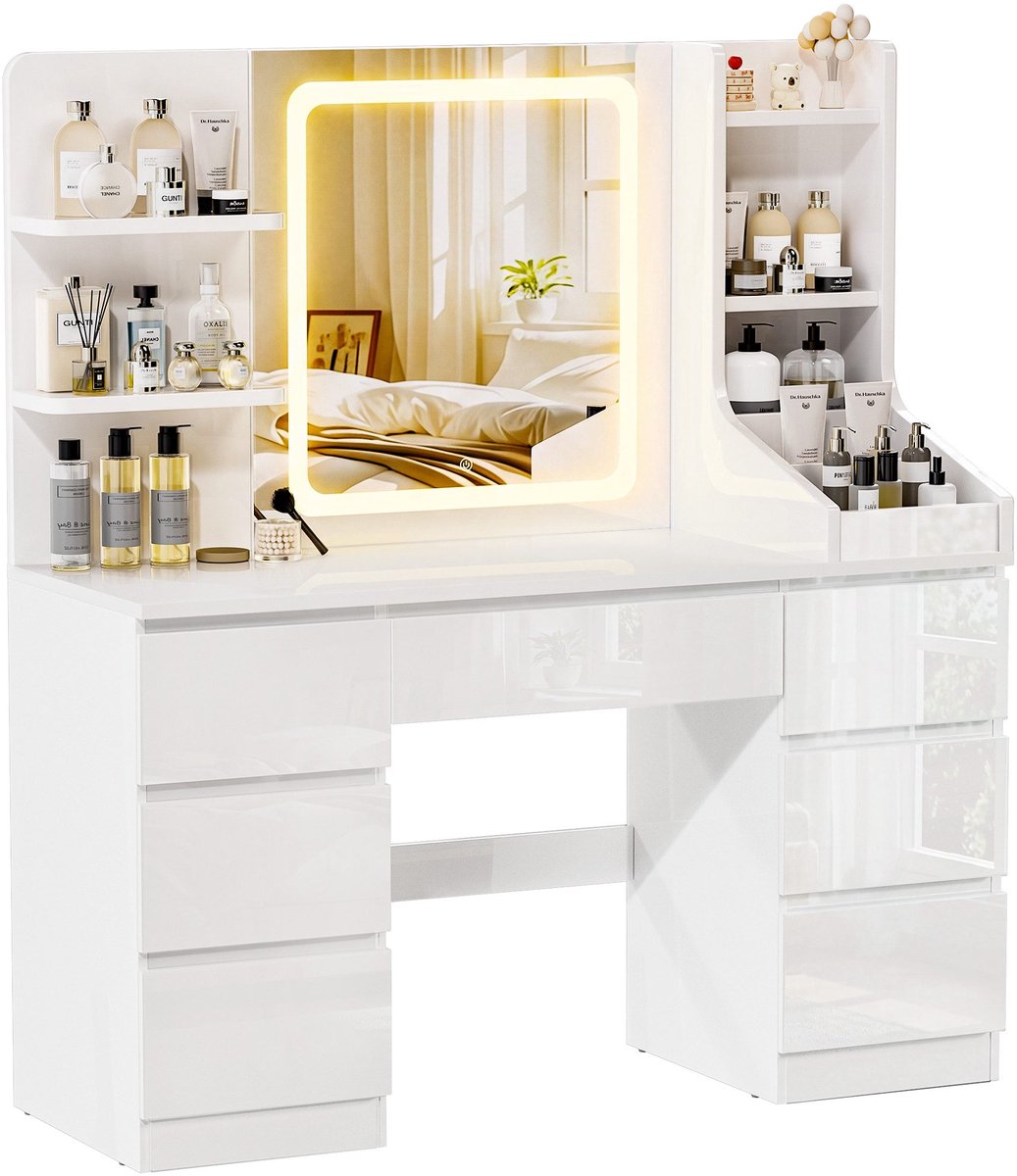 Devoko Kaptafel met LED-Spiegel en Touchbediening – 3 Lichtkleuren en Traploos Dimbaar – 7 Laden en 8 Open Opbergvakken – 108 × 40 × 139 cm – Hoogglans Wit