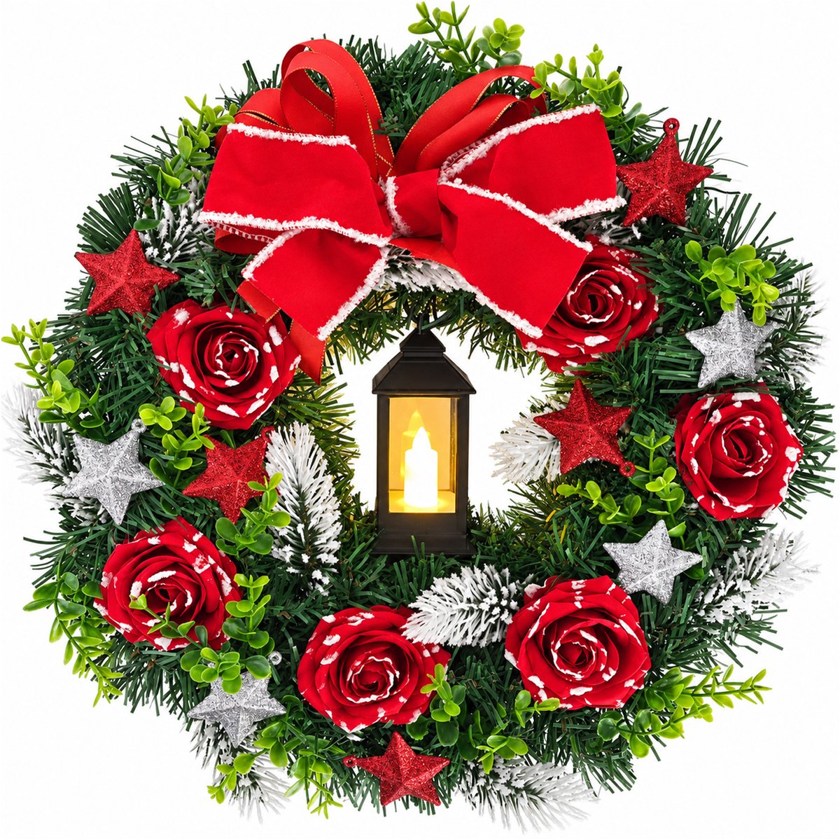 Kerst Rozenkrans met Verlichting en Strik - Hangende Deurdecoratie - voor Kerst Feestdecoratie - 35 cm