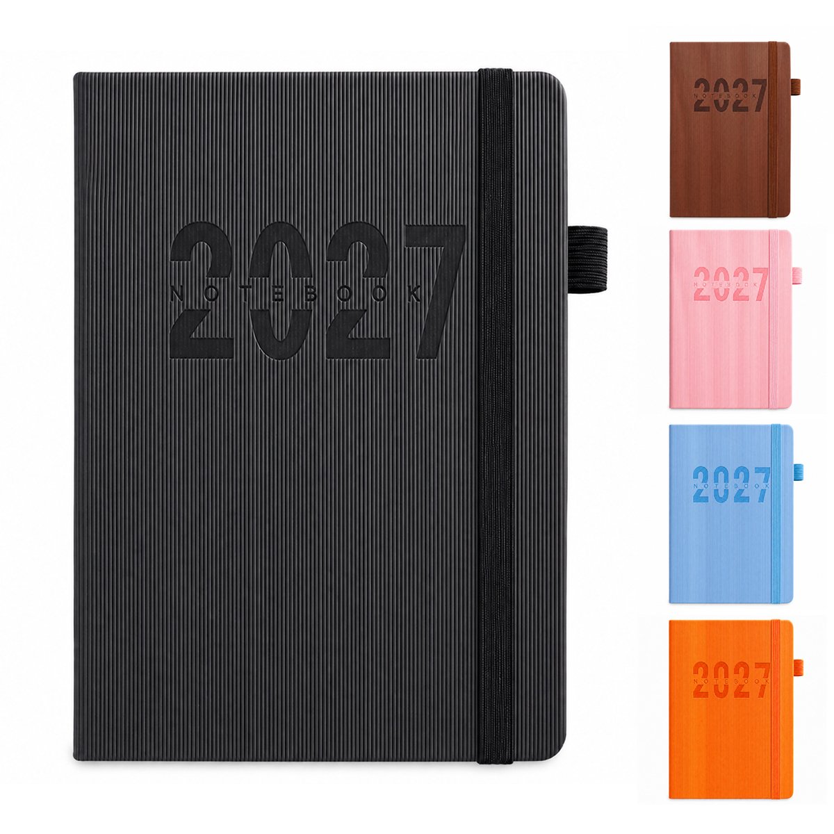 2027 Dagboek voor Volwassenen – Dagboeken & Notitieboek – Hardcover met Elastische Sluitband & Maandelijkse Index – Engelstalige Binnenzijde – Voor Persoonlijke Dagboeken & Planning – A5 – Zwart– 1 Stuk