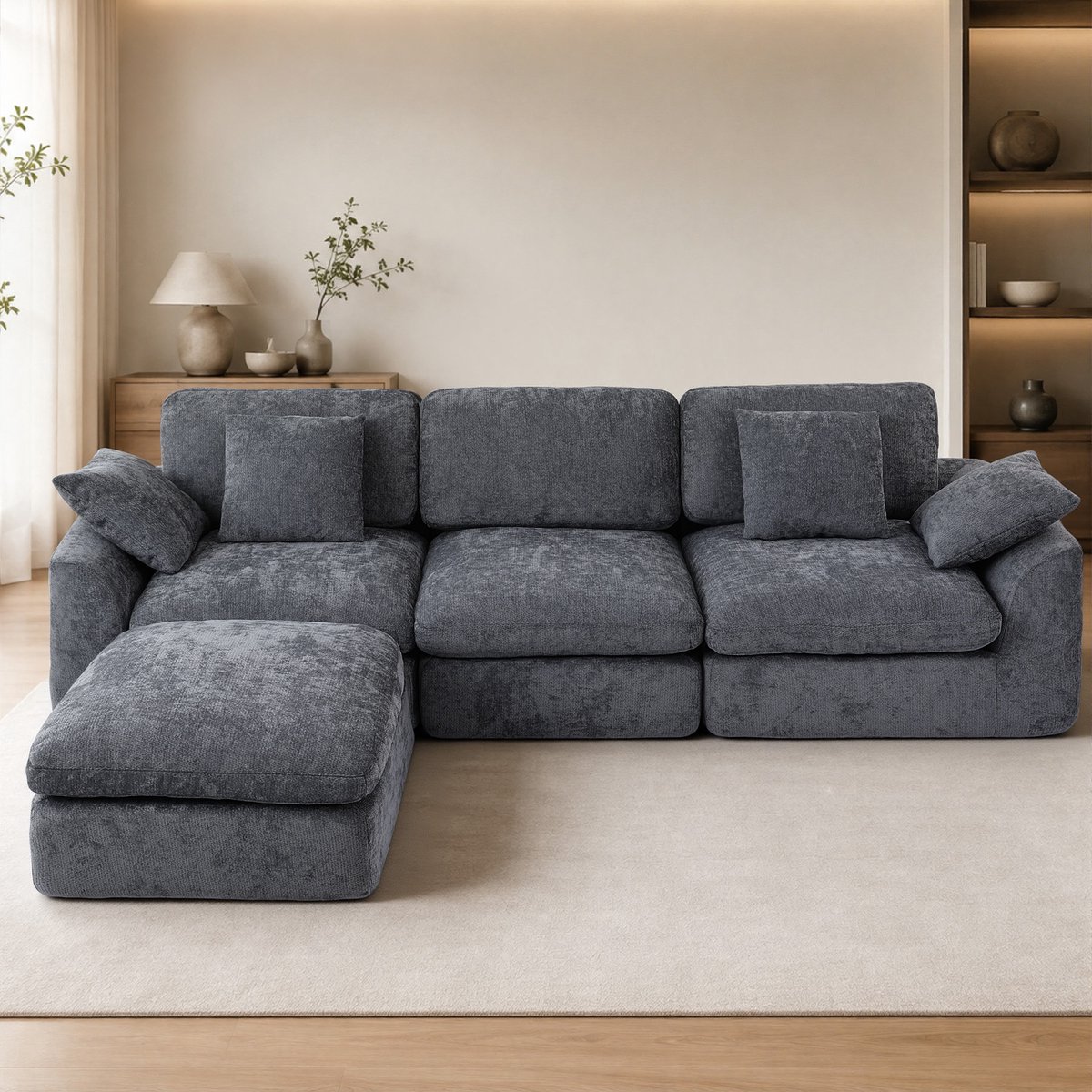 HomeMiYN Modulaire hoekbank - Grijze hoekbank met chaise longue en voetenbank - Moderne chenille loungebank, diepe zit, comfortabele modulaire bank voor woonkamer