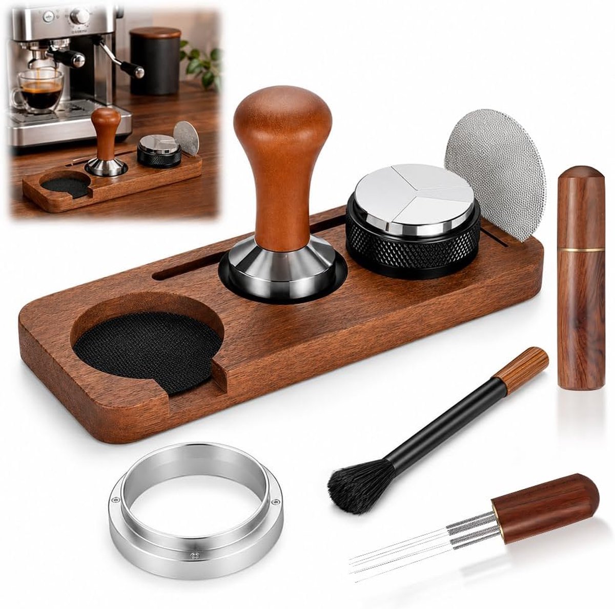 Espresso-accessoires, 51 mm filterdrager, accessoireset 7, barista-set | Espressoset met koffiestamper, WDT-tool, tamperstation, doseerring, puck screen, reinigingsborstel, roerder voor espressobar
