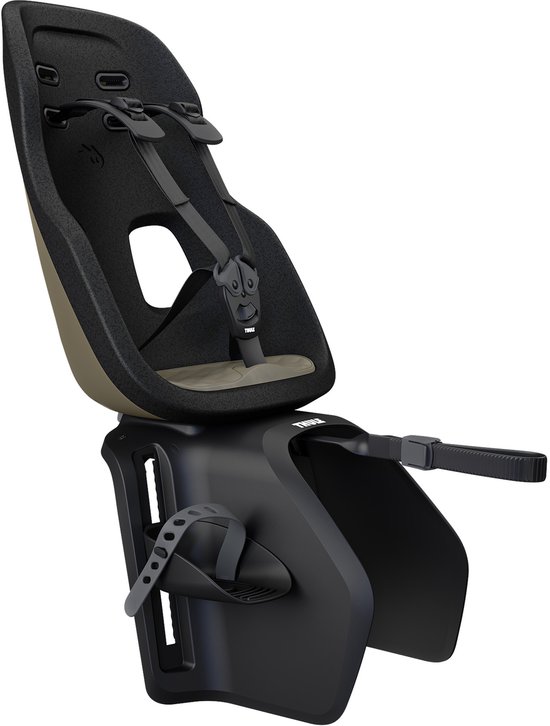Un siège de vélo Deep Khaki pour porte-bagages avec sangles noires et repose-pieds, sur fond blanc.