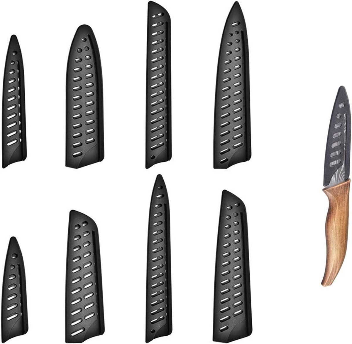 Set van 8 Zwarte Plastic Mesbeschermers voor Keukenmessen, Ademend en Universeel, Bescherming voor Messenbladen