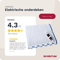 Elektrische onderdeken met blauwe voetjesprint en de Inventum controller. Beoordeling van 4.3/5 sterren.