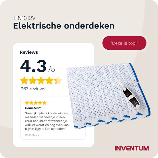 Elektrische onderdeken met blauwe voetjesprint en de Inventum controller. Beoordeling van 4.3/5 sterren.