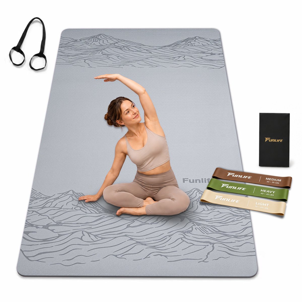 FunLife Yogamat Set Extra Breed 183 x 80 cm - 8 mm TPE Antislip Fitnessmat - Met Draagriem en 3 Weerstandsbanden - Yoga Pilates Sportmat