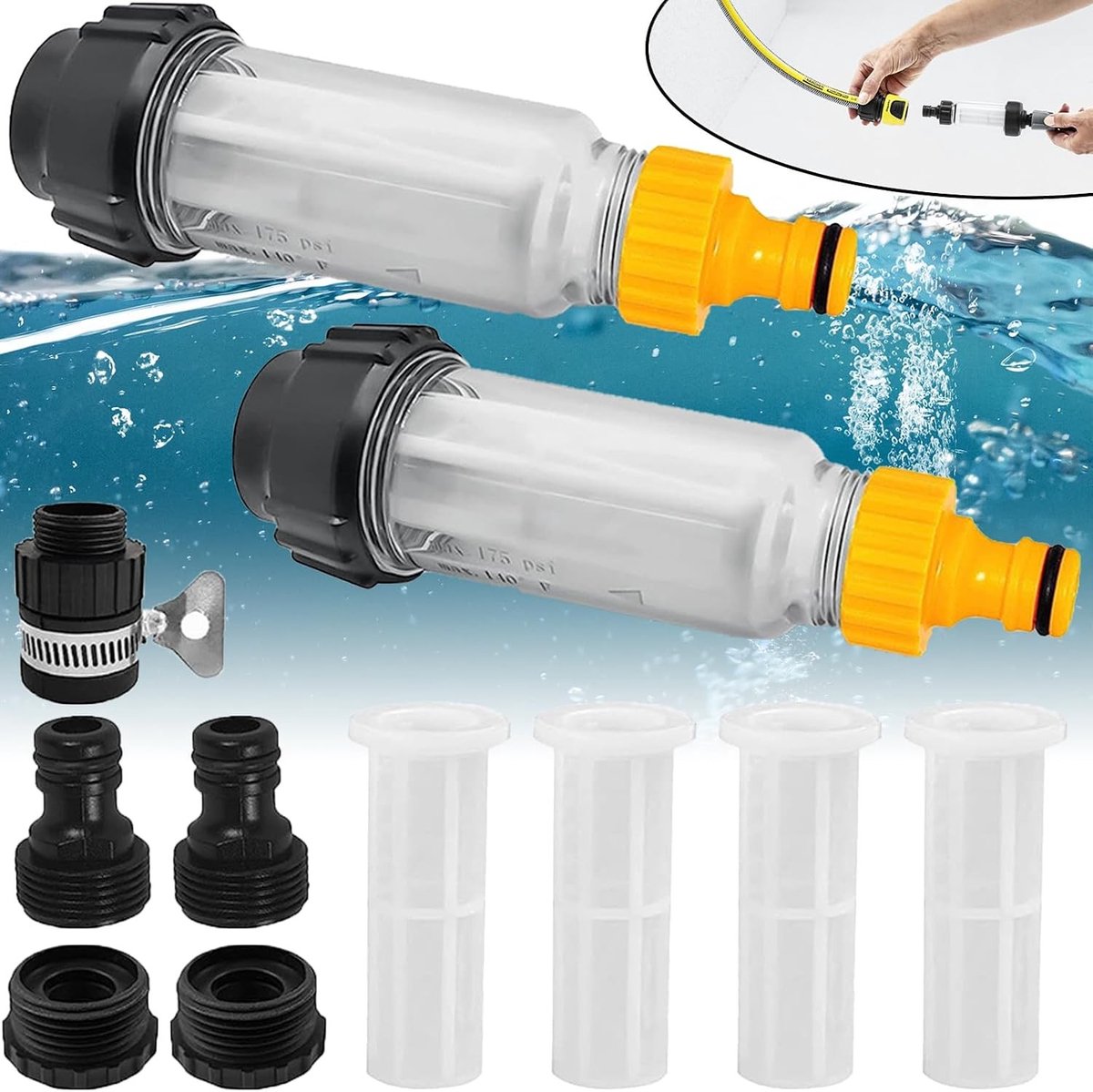 11-delige Waterfilter Set voor Tuinslangen, Universele Filter voor Tuinpompen en Drukreinigers met 3/4" Aansluiting, Inclusief 4 Vervangbare Filterinserts