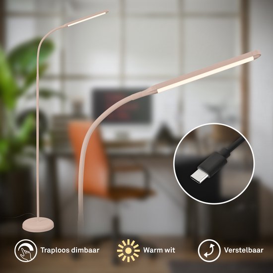 Een beige vloerlamp met een gebogen arm, close-up van een USB-C-kabel en bedieningspictogrammen: traploos dimbaar, warm wit, verstelbaar.