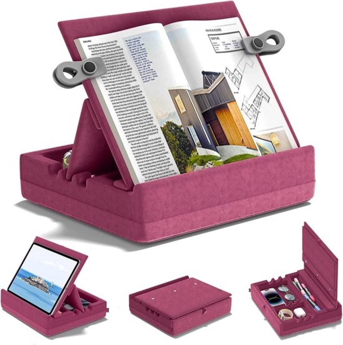 Pillow Book Stand with Storage for Reading, 3 Adjustable Viewing Angles for Tablets and E-Readers