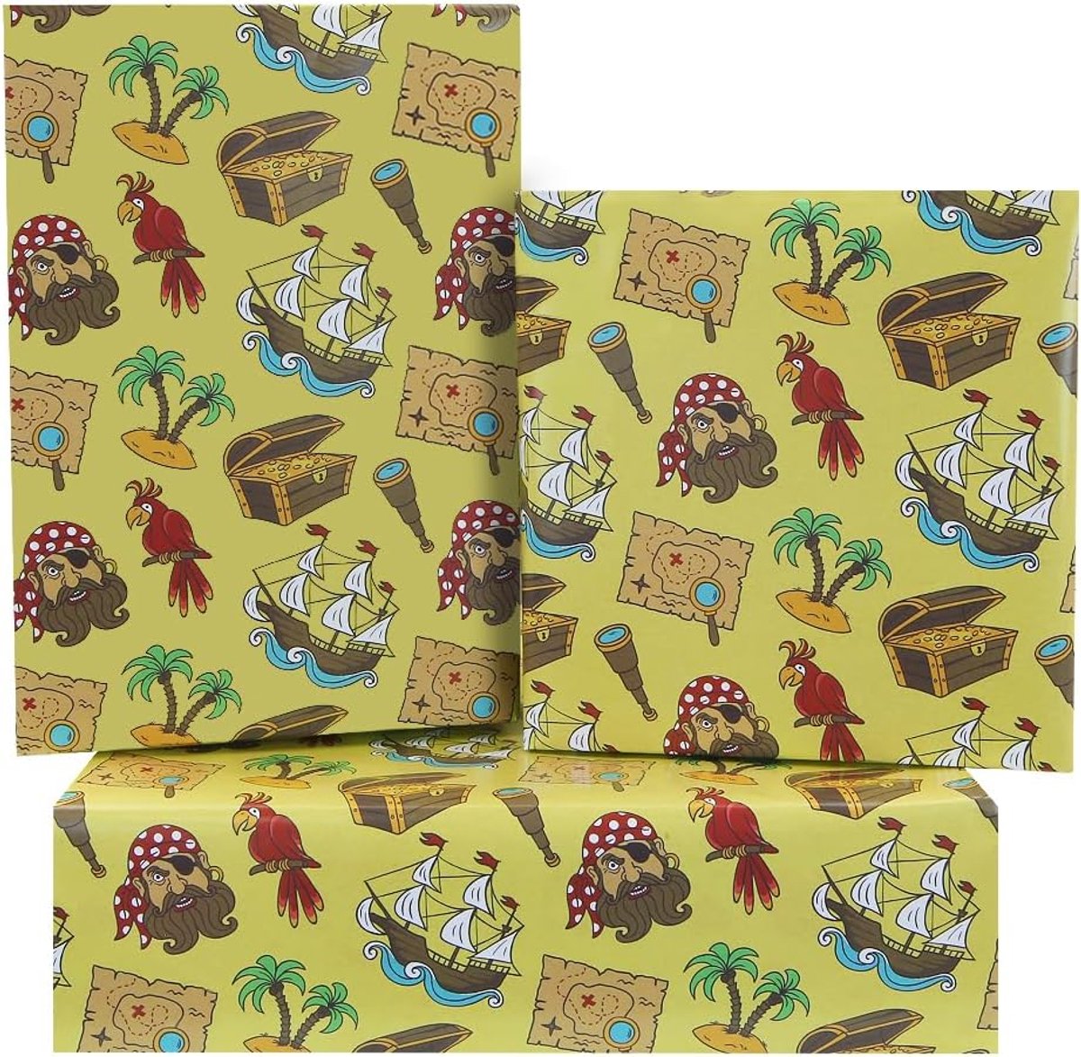 Verjaardagsinpakpapier voor jongens meisjes kinderen, cool piraten schatschip eiland papegaai geel cadeaupapier voor verjaardagsfeestje babyshower, 4 vellen plat gevouwen 50 x 70 cm per vel