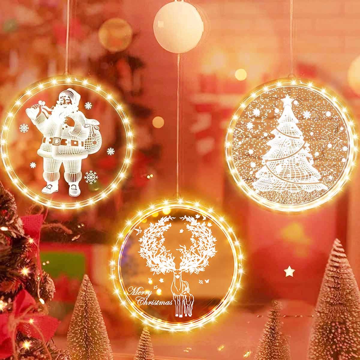 Meedeer LED kerstverlichting-(3 Leds decoratieve raamverlichting voor Kerstmis (16CM)-hangende raamlamp met haak-kerstverlichting-voor kamer-tuin-balkon-Kerstmis-binnendecoratie (Kerstboom/Kerstman/Moose)