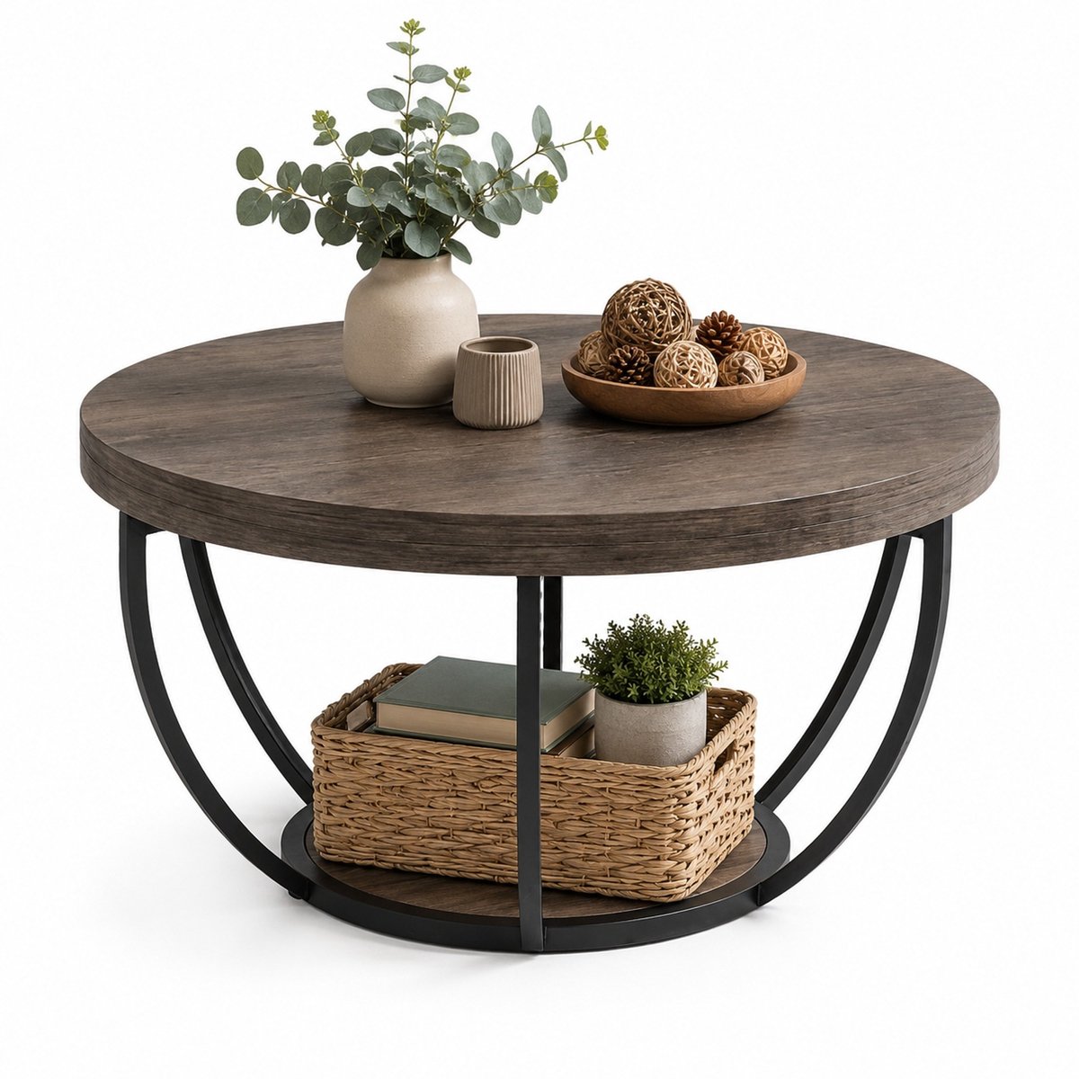 MEUNIQ Ronde salontafel 80 x 80 x 45 cm – 2-laags houten tafelblad met metalen frame en onderplank voor woonkamer, grijs Donkerbruin