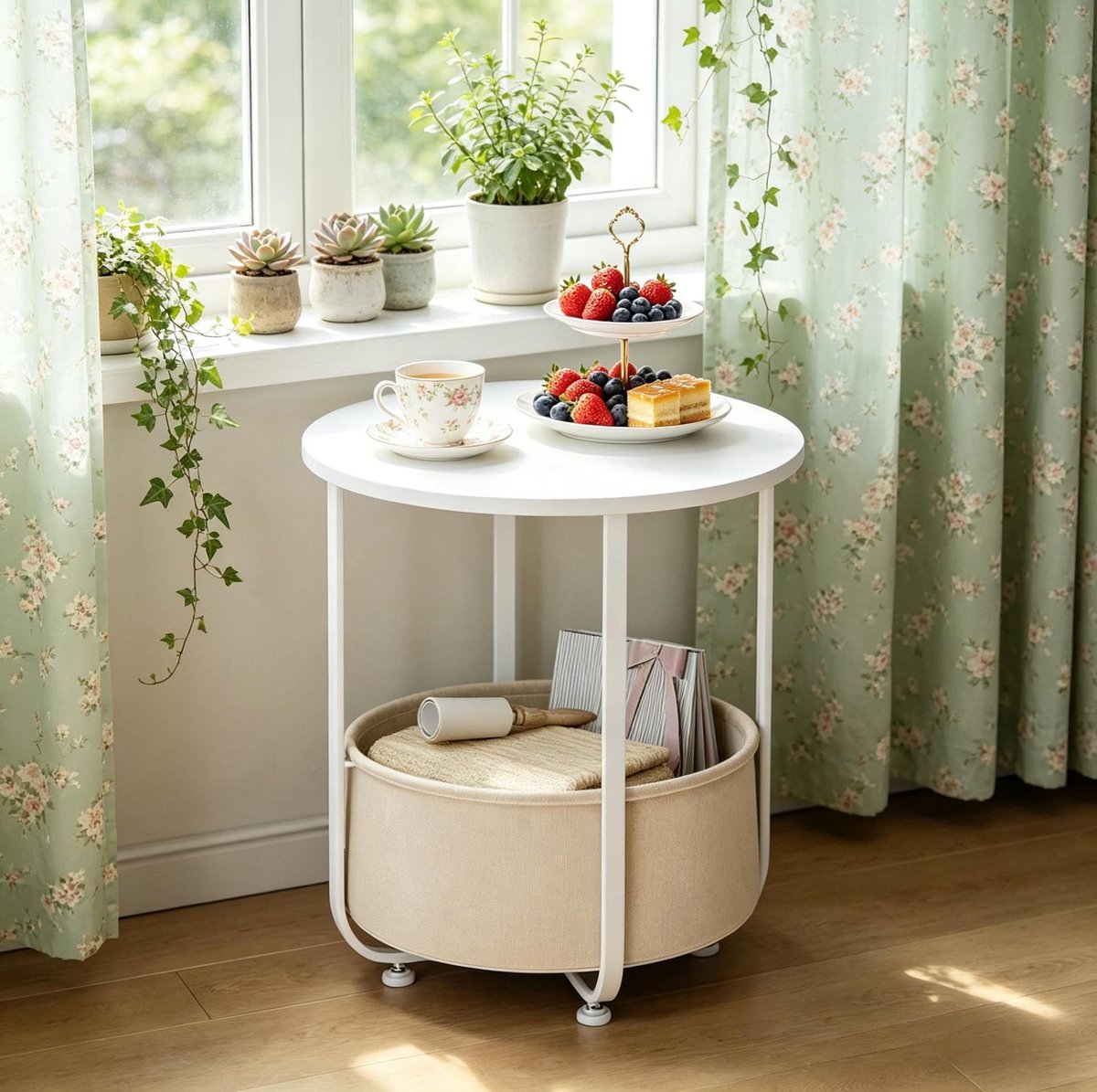 MEUNIQ Ronde bijzettafel Ø45 x H50 cm met afneembare stoffen opbergmand, metalen frame en verstelbare poten voor woonkamer of slaapkamer, wit