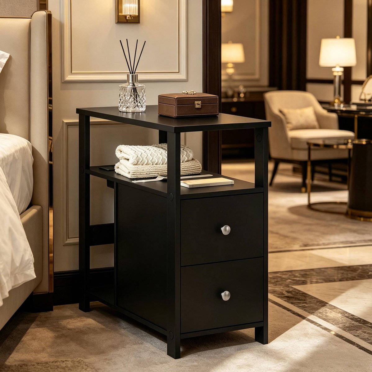MEUNIQ zwarte bijzettafel 60 x 30 x 60 cm met 2 lades, open vakken, 2 stopcontacten en 2 USB-aansluitingen voor woonkamer of slaapkamer