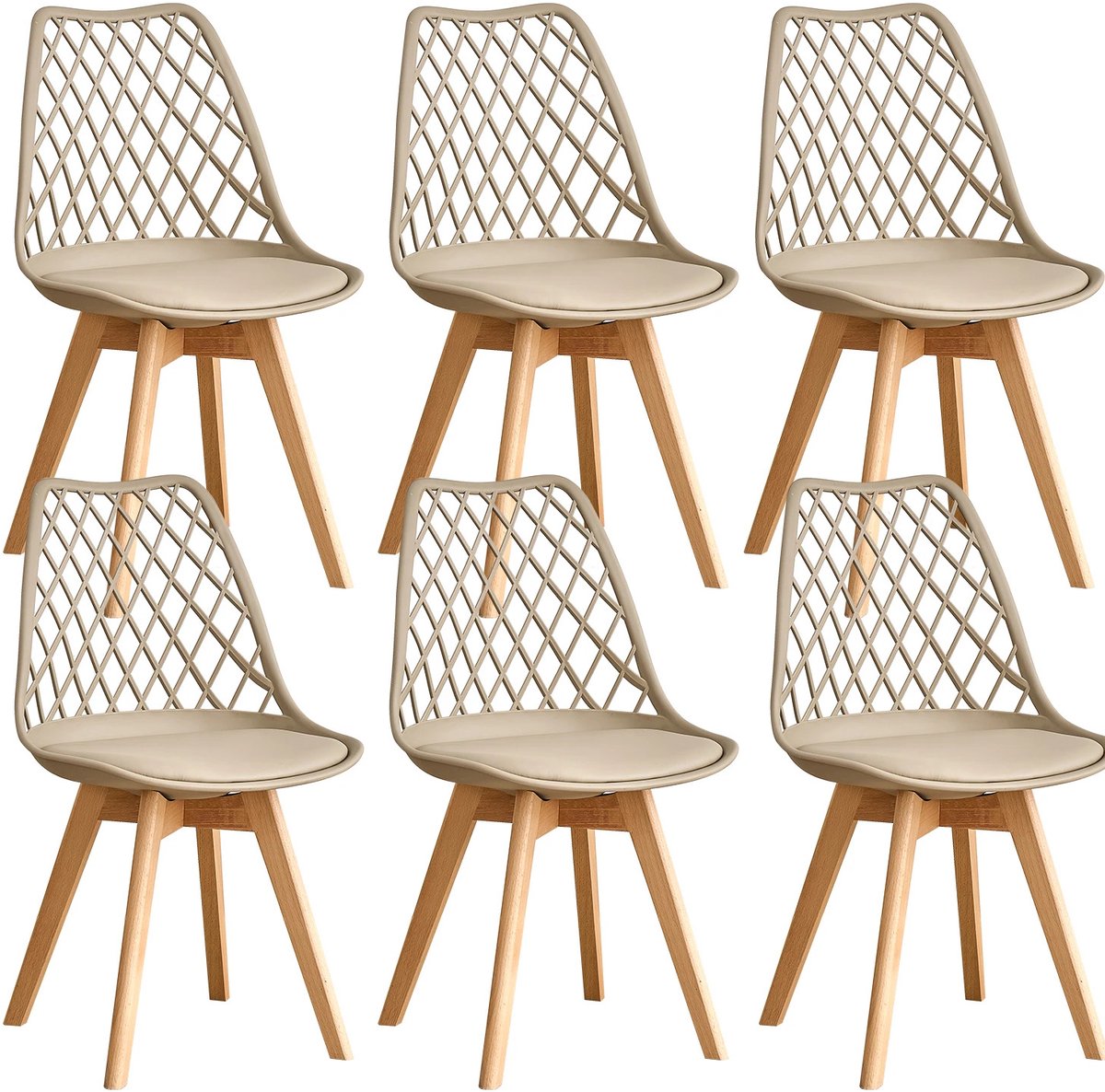 Gudalio Eetkamerstoelen - Set van 6 - Keukenstoelen - Scandinavische stijl - PU Gewatteerde Zitting - Houten poten - Kaki