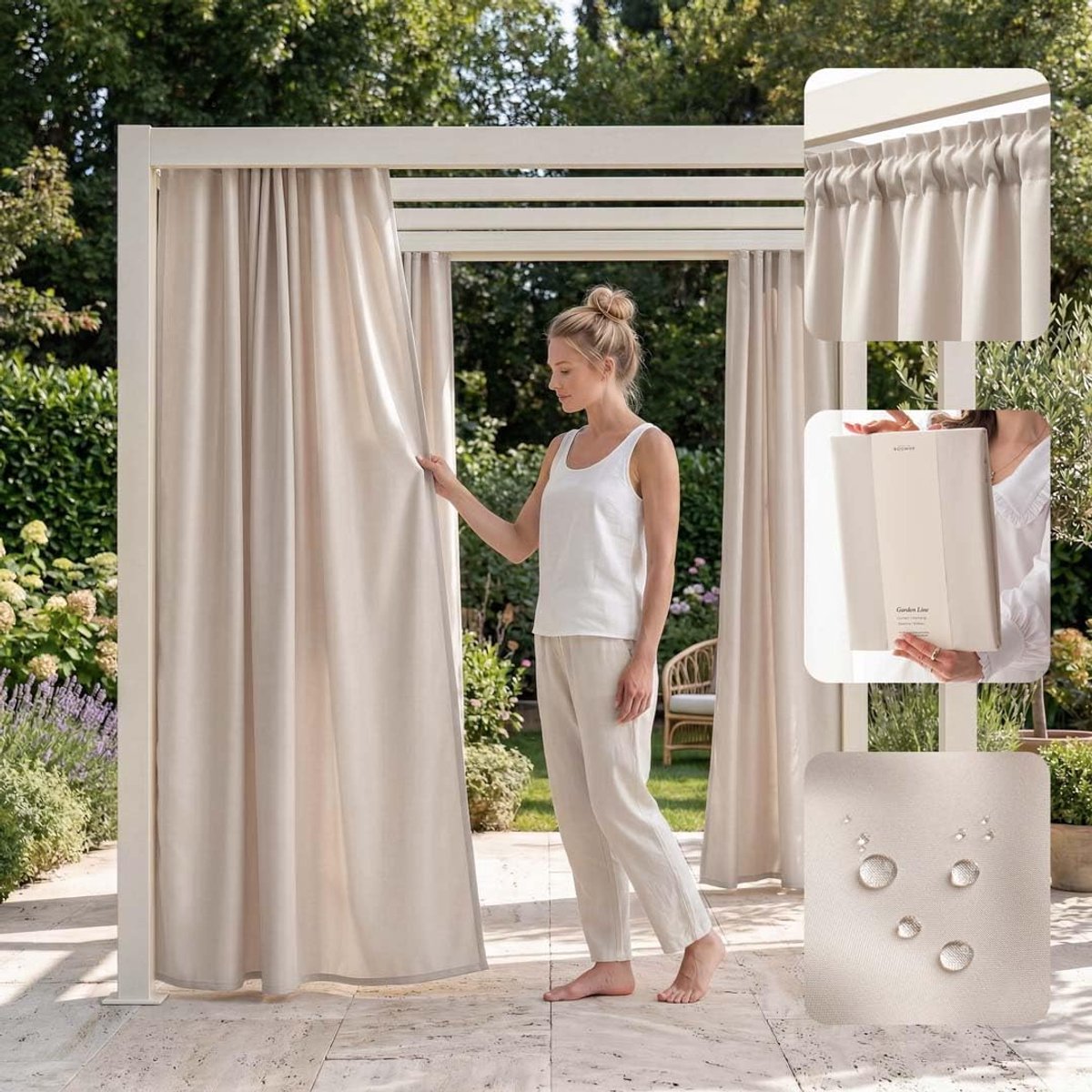 Outdoorgordijn 155 x 200 cm - lichtbeige - weerbestendig - inkijkbescherming voor tuin - ShopVlot