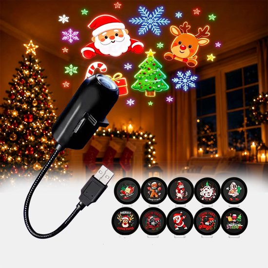 Zwarte projector met USB-kabel en 10 verwisselbare films, waaronder Kerstman, rendier, kerstboom en sneeuwvlokken.