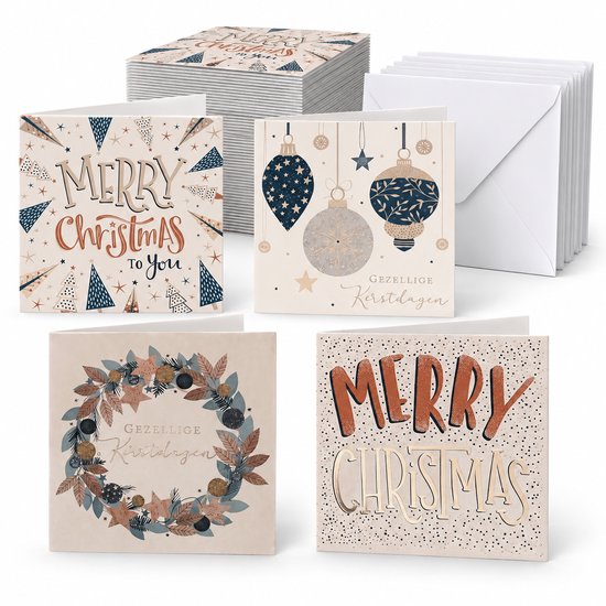 Cards & Crafts – 50 Luxe Kerstkaarten met Enveloppen – 4 Verschillende Dessins – Vierkante Gevouwen Kerst- en Nieuwjaarskaarten – 10 x 10 cm