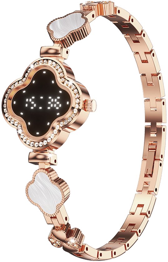 Rosegouden smartwatch met klaverblad-design, zirkonia, witte steentjes en digitale tijdweergave.