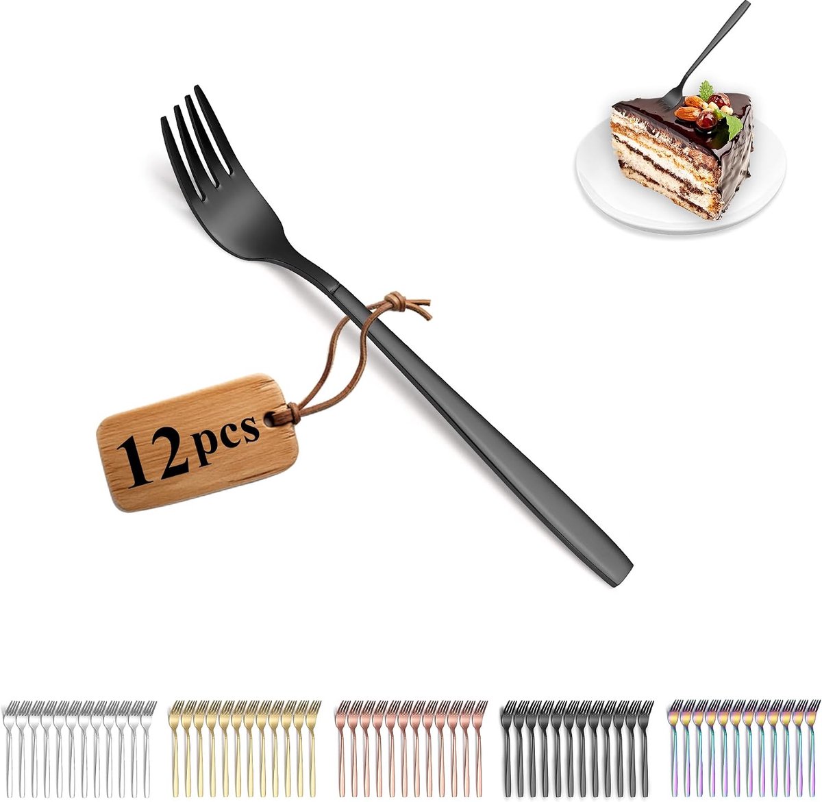 Zwarte taartvorken, 12 stuks, titanium zwart gecoat roestvrij staal, dessertvorken, fruitvorken, kleine vorken voor thuis, restaurant, hotel, bruiloft, feesten, vaatwasmachinebestendig